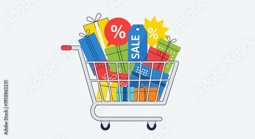 Shopping Cart Full of Colorful Gift Boxes and Sale Tags, Concept for Retail Discounts, Promotions, and Seasonal Holiday Shopping