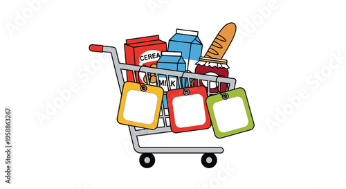 Shopping Cart Filled with Groceries and Blank Price Tags for Sale or Promotion Illustration