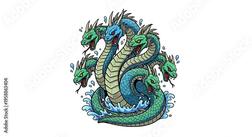 A vibrant illustration of a multi-headed serpent rising out of water, symbolizing power and mythology.
