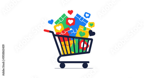 Online Shopping Cart with Gift Boxes and Social Media Like Icons Illustration - E-commerce and Social Commerce Concept