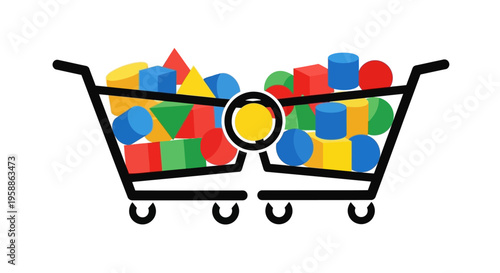 Abstract Illustration of Shopping Carts Filled with Colorful 3D Geometric Shapes for E-commerce and Retail Concepts
