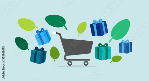Sustainable Shopping and Eco-Friendly Gifting Concept with Shopping Cart, Blue Gift Boxes and Green Leaves Illustration