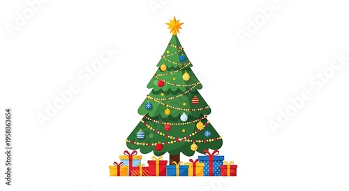 Festive Christmas tree adorned with colorful ornaments, bright lights, and a gleaming star, surrounded by elegantly wrapped presents, perfect for holiday greetings and seasonal joy