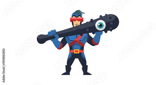 A cartoon superhero character holding a large spyglass with a curious eye on the end, symbolizing investigation and surveillance.