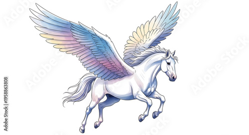 A majestic white pegasus with colorful wings in mid-flight, symbolizing freedom and mythical power.