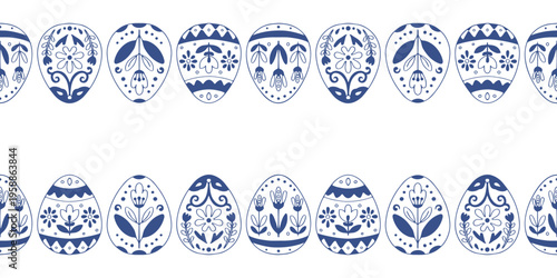 Seamless Easter eggs horizontal border with floral folk ornament in Scandinavian blue line art style. Vector illustration on white background.