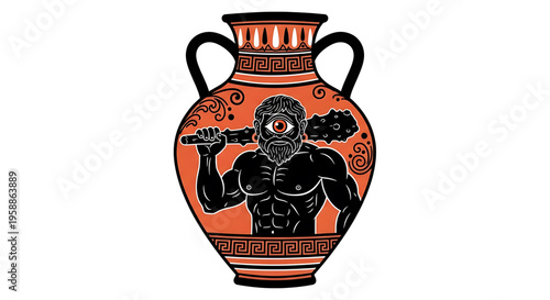 A vector graphic illustration of an ancient Greek vase with a muscular man and eye design