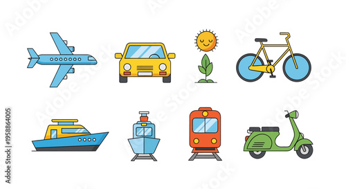 The icon set features various transportation modes on land and sea under sunny conditions.