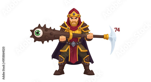 A cartoon warrior character holding a large spiked battle-axe with a green eye and wearing a red and gold helmet and armor.