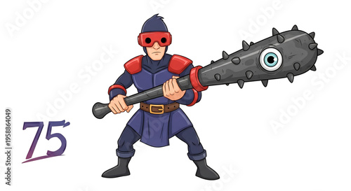 A cartoon warrior character holding a large spiked club with a menacing eye, wearing blue and red armor and a bold purple number 75 in the background.
