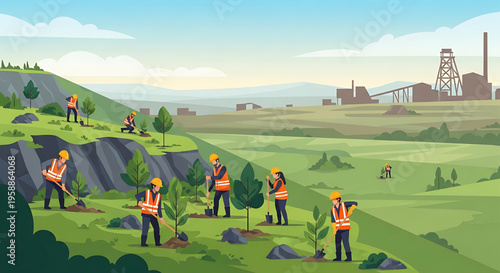 People planting trees on a hillside with industrial background