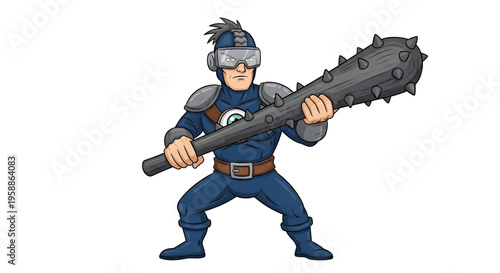 A cartoon superhero character holding a large spiked baton in a powerful stance, ready for action.