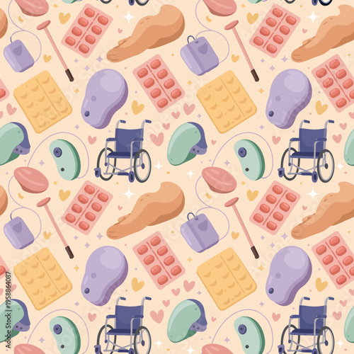 Colorful illustration of wheelchair and makeup.