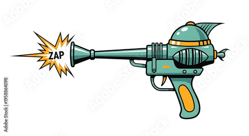 A cartoon-style illustration of a futuristic green and yellow ray gun with a zap effect