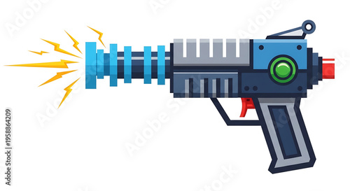 A futuristic pixelated toy blaster with lightning effects in a vector graphic design