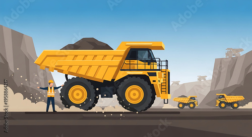 Illustration of a large yellow dump truck in a mine with a worker overseeing operations