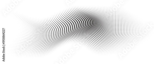 Flowing Wave Dot Halftone Pattern: Curve Gradient Shape on Transparent Background. Suitable for AI, Tech, Network, Digital, Science, and Technology Themes.