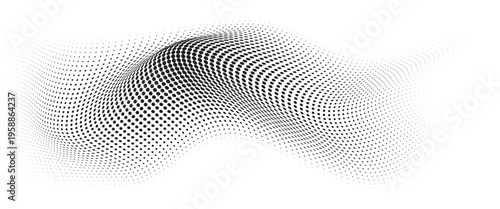 Flowing Wave Dot Halftone Pattern: Curve Gradient Shape on Transparent Background. Suitable for AI, Tech, Network, Digital, Science, and Technology Themes.