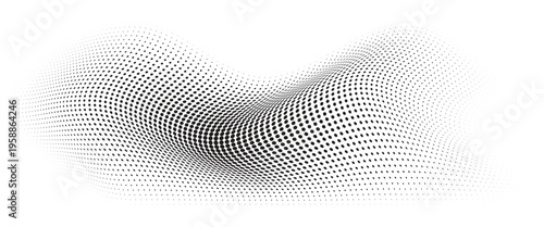 Flowing Wave Dot Halftone Pattern: Curve Gradient Shape on Transparent Background. Suitable for AI, Tech, Network, Digital, Science, and Technology Themes.