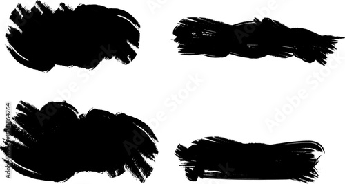 Grunge black ink brush strokes set of 4 vector elements. Hand drawn paint splatter textures for artistic design. Distressed charcoal smear shapes for creative backgrounds and graphic overlays.