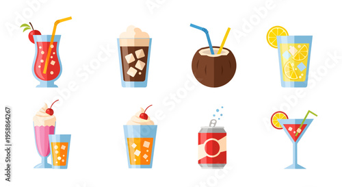 The icon set features a colorful variety of drink icons on a white background.
