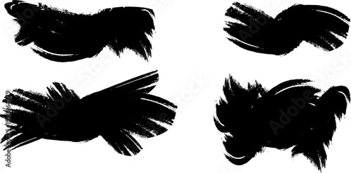 Grunge black ink brush strokes vector set, hand drawn artistic paint smear collection, textured charcoal smudge elements for graphic design, 4 abstract ink splatter shapes for creative projects.