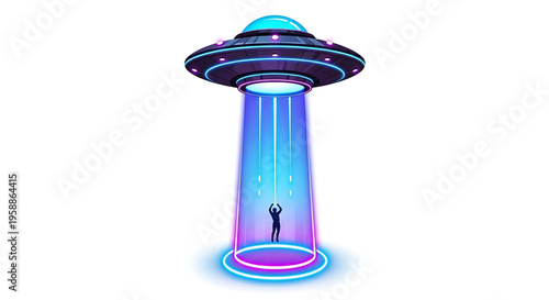 A futuristic vector illustration of a person being abducted by a UFO in a neon-lit beam of light.