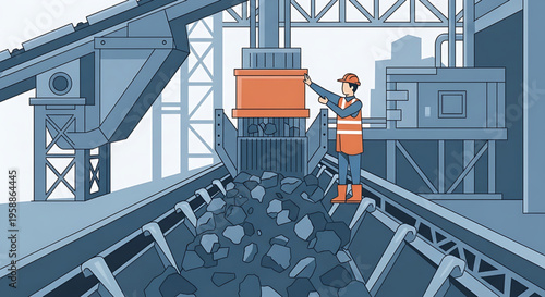 Industrial conveyor belt processing raw materials at a large-scale facility with worker oversight