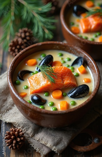 Two bowls of creamy salmon soup with mussels, carrots, and peas. A sprig of dill garnishes the rich seafood dish. Served in rustic pottery on a wooden table with pine cones.