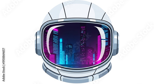 A futuristic astronaut helmet with a cityscape reflected in the visor, set against a white background.