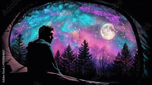 Man gazing at a vibrant cosmic landscape through a tent opening capturing a sense of wonder adventure and connection with nature under a bright moonlit sky