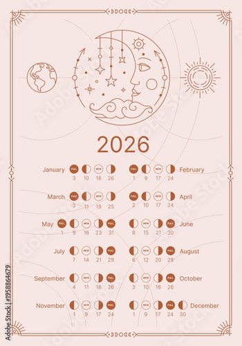 Lunar planner for the year 2026. Astronomical Moon Phase Planner. Astrological lunar activity phases, map. The Lunar calendar is isolated on a pastel background. Vector illustration