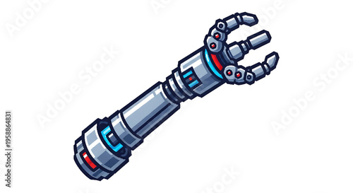 A cartoon-style robotic arm with a metallic finish and glowing accents, depicted in a vector graphic illustration.