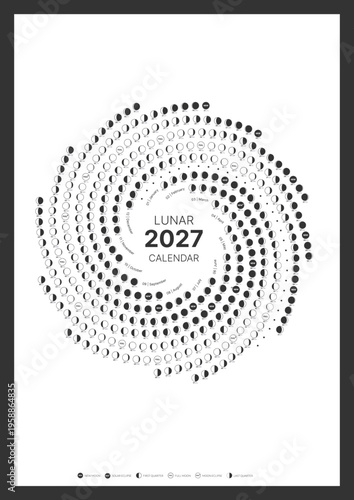 Year 2027 lunar phase calendar. Hemisphere spiral astronomy Dairy. Astrology Lunar Map Poster. Moon circle map. Vector illustration. The Lunar calendar white poster