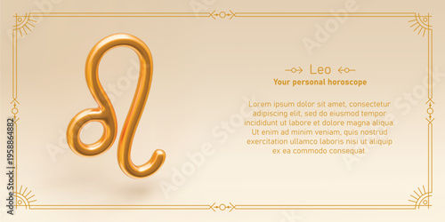 Leo horoscope prediction. Monthly astrology forecast. 3D realistic golden zodiac sign, line frame and text about Leo. Mystical vector design of yearly horoscope.