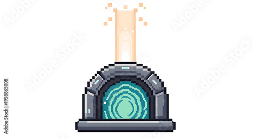 A pixel art illustration of a fantasy portal with a glowing blue swirl and smoke effects