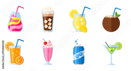 The icon set features various drinks on a white background for design.