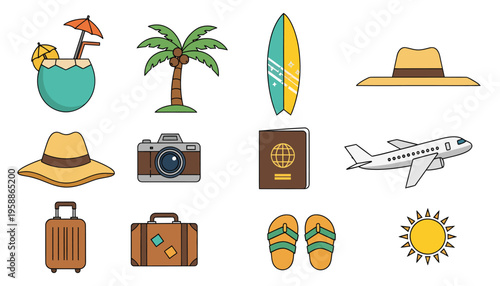 A colorful icon set of travel and vacation items on a white background includes a surfboard, palm tree, and airplane.