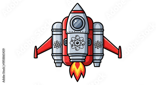 A cartoon-style vector graphic of a rocket ship with red and gray colors and a fiery engine.