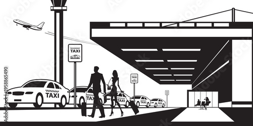 Passengers catching a taxi at airport terminal - vector illustration