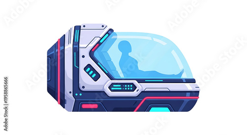 A futuristic spaceship cockpit with a transparent dome and neon lights on a white background