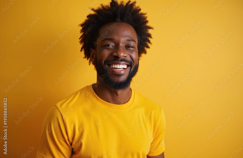 Fototapeta premium Black man with afro hair smiles brightly. He wears a yellow t-shirt against a solid yellow backdrop. Casual portrait conveys joy and confidence. Modern studio shot.