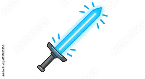 A glowing blue sword with a gray handle and a radiant effect around it, symbolizing power and magic.