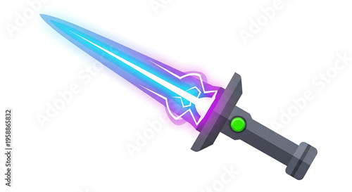 A glowing blue sword with a gray handle and green button, depicted in a modern vector graphic illustration.