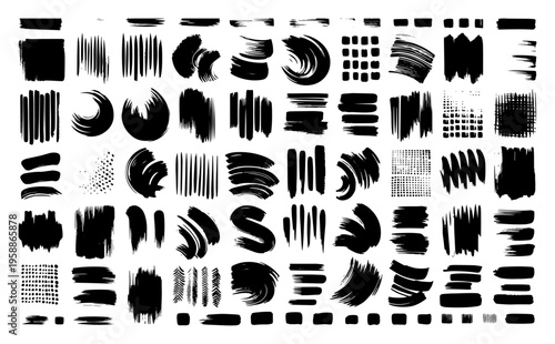 Mega collection of ink brush strokes and paint textures, black grunge shapes and markings vector set, artistic hand drawn calligraphy elements and smeared ink stains