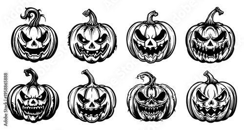 Halloween Jack-o-lantern pumpkin face set, spooky carved pumpkins with scary expressions, black and white holiday party graphics collection