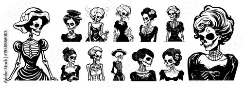 Victorian skeleton women portrait collection, gothic lady skulls in vintage dresses, Dia de los Muertos Catrina style characters set