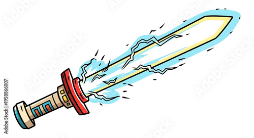 A cartoon illustration of a magical sword with a glowing blue blade and red handle, surrounded by lightning effects.