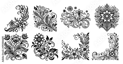 Floral ornament corners and decorative vignettes set, classic Victorian flourishes for wedding invitations and border design, black and white botanical elements