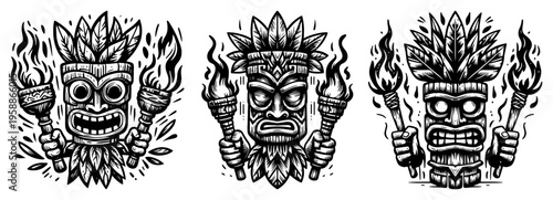 Tiki tribal mask set with torches, Polynesian totem icons for tropical beach party and exotic bar logo, black and white ethnic mask vector